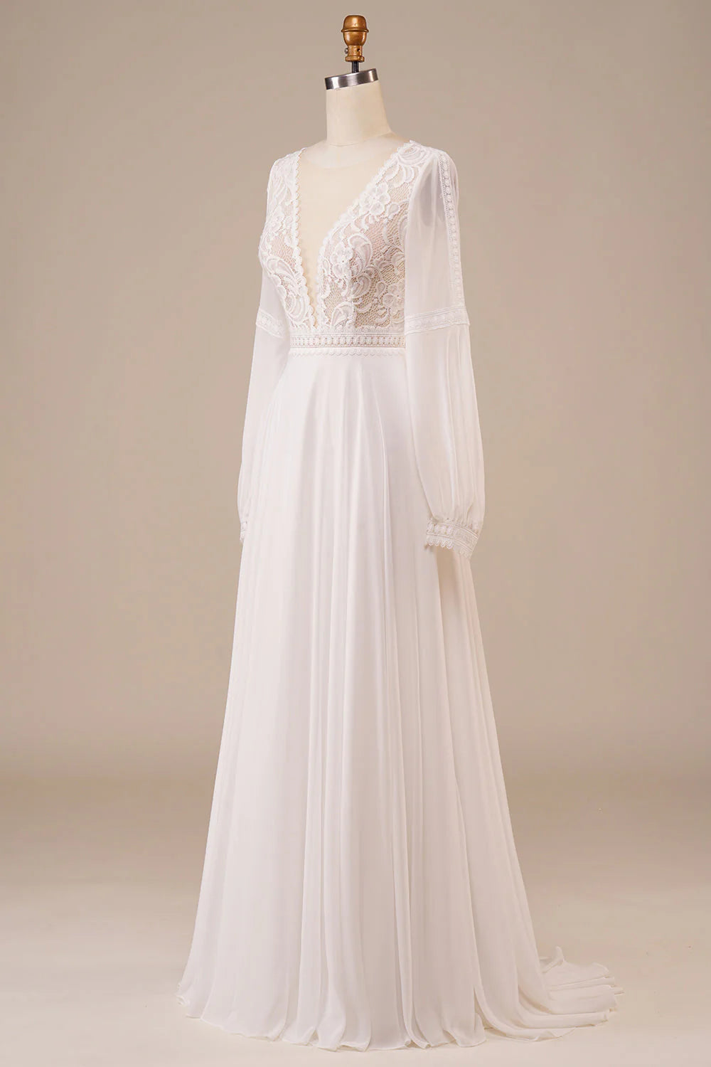 Long Sleeves Wedding Dress with Lace Pure Color