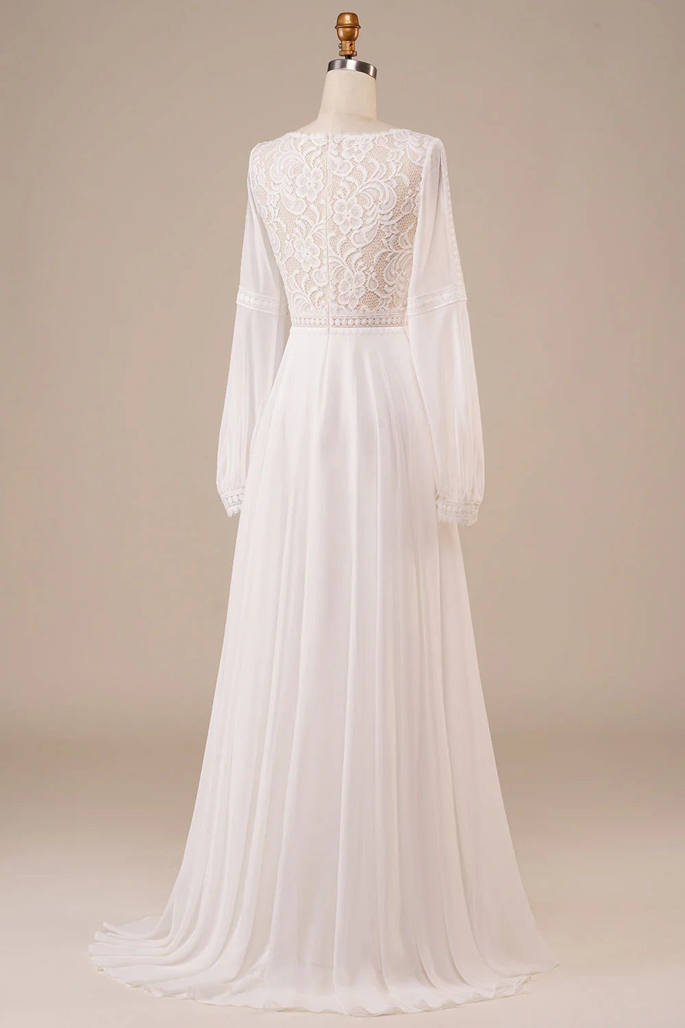 Long Sleeves Wedding Dress with Lace Pure Color
