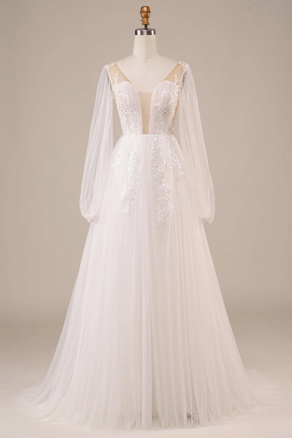 Long Sleeves Open Back Wedding Dress with Appliques Pure Color