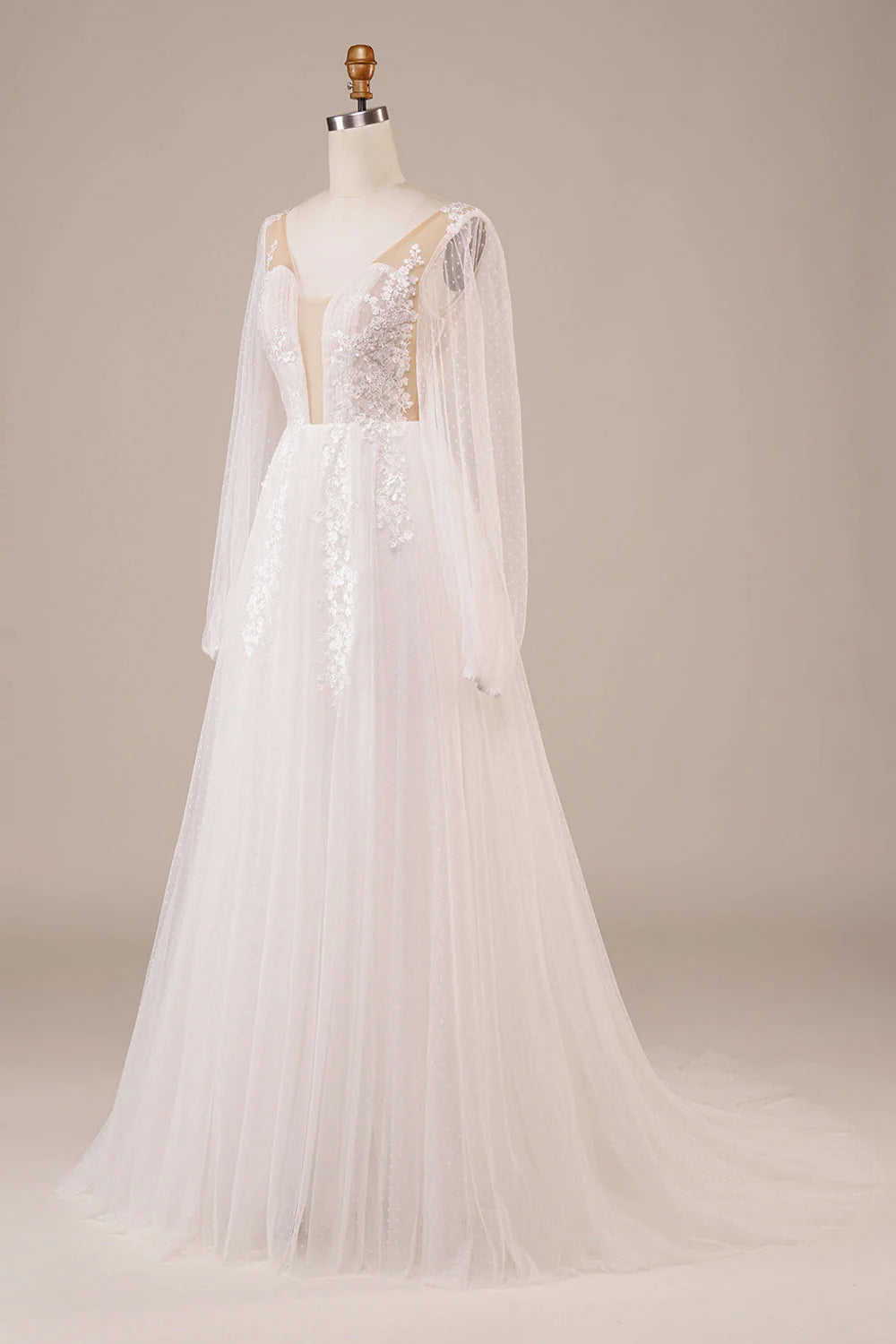 Long Sleeves Open Back Wedding Dress with Appliques Pure Color