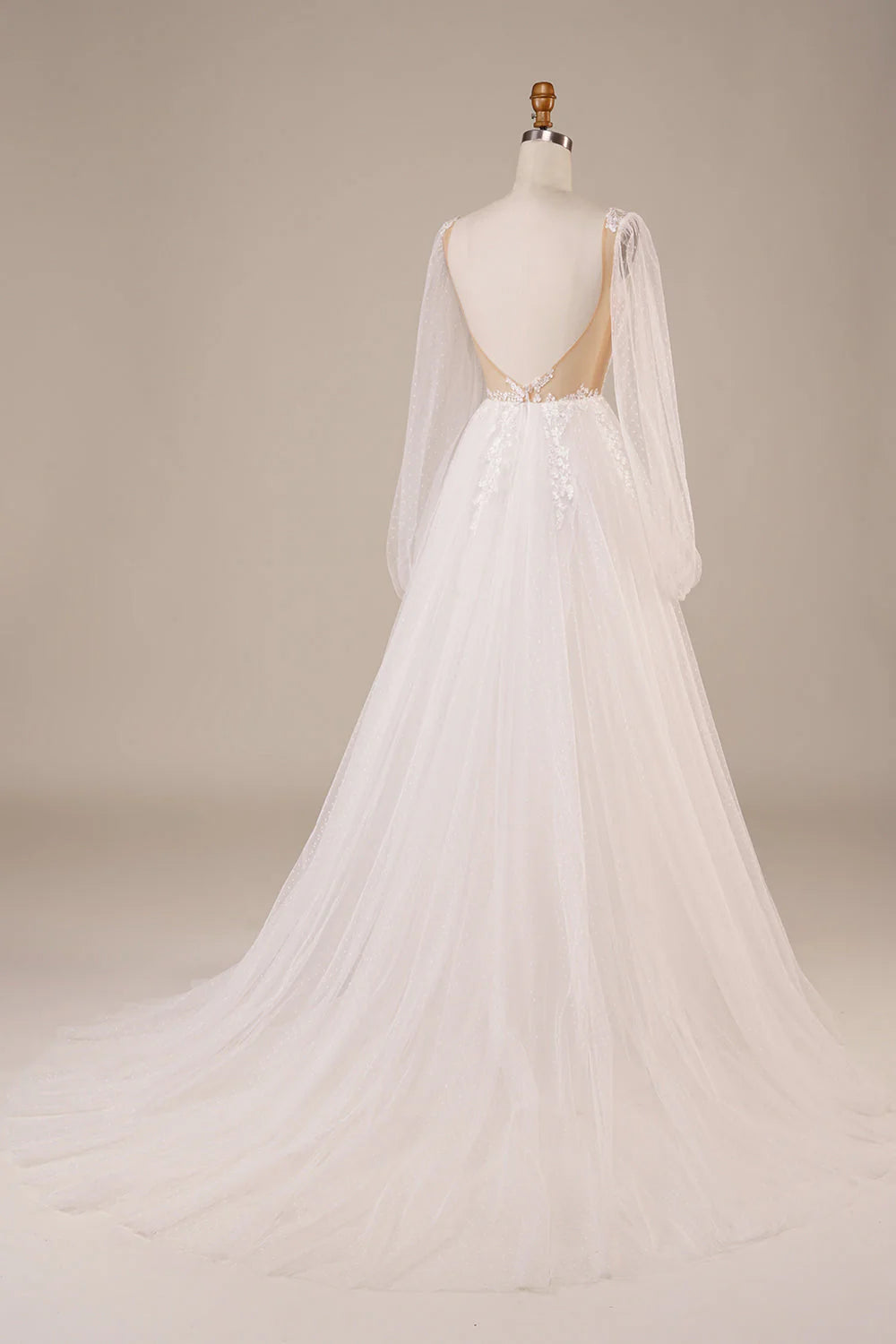 Long Sleeves Open Back Wedding Dress with Appliques Pure Color