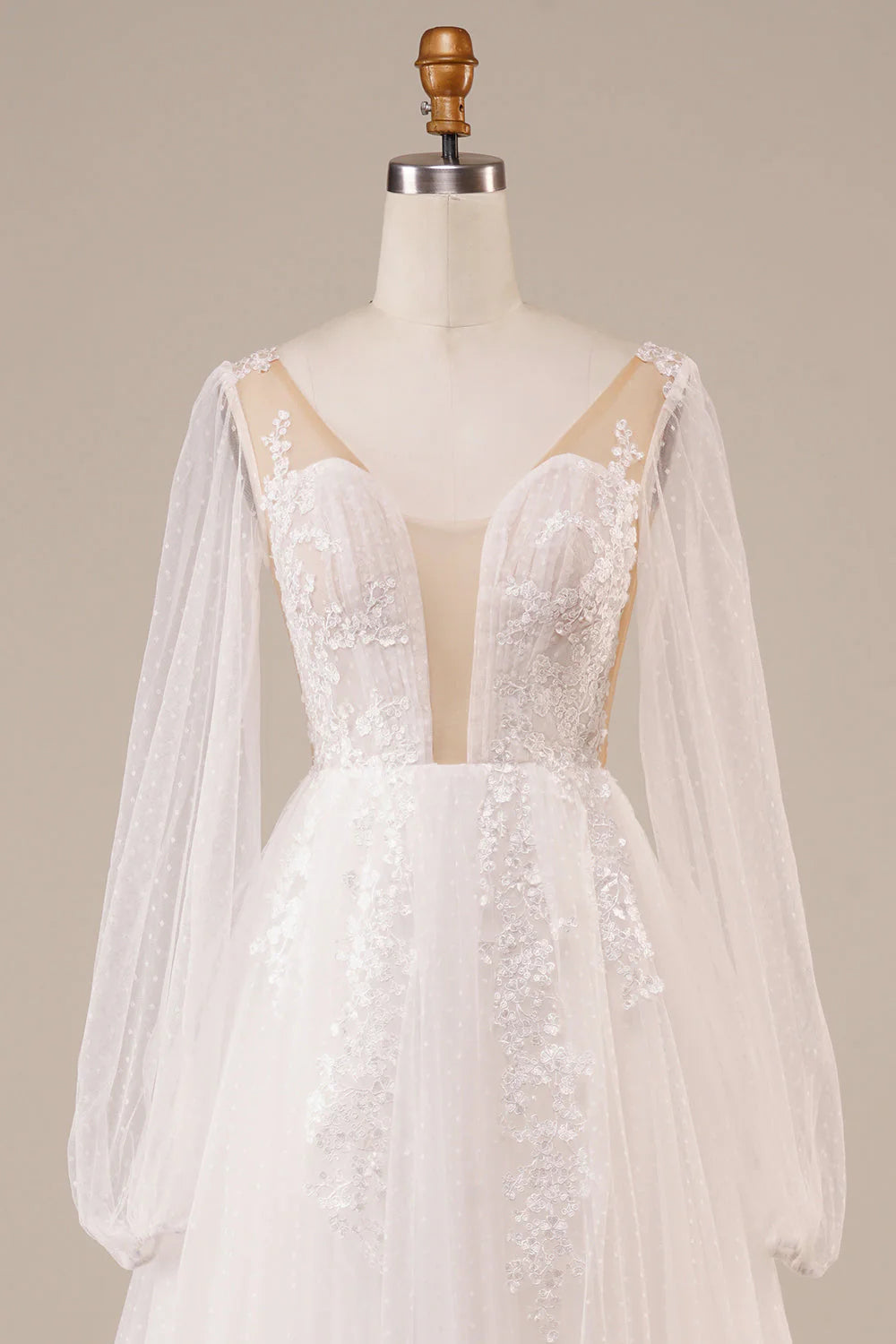 Long Sleeves Open Back Wedding Dress with Appliques Pure Color
