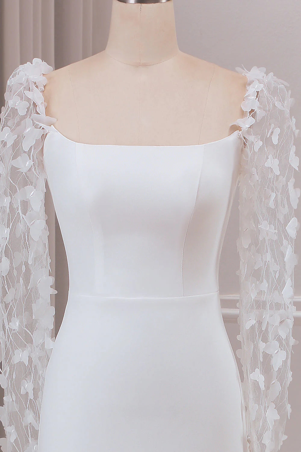 Trumpet Sweep Train Long Sleeves Wedding Dress with 3D Appliques White