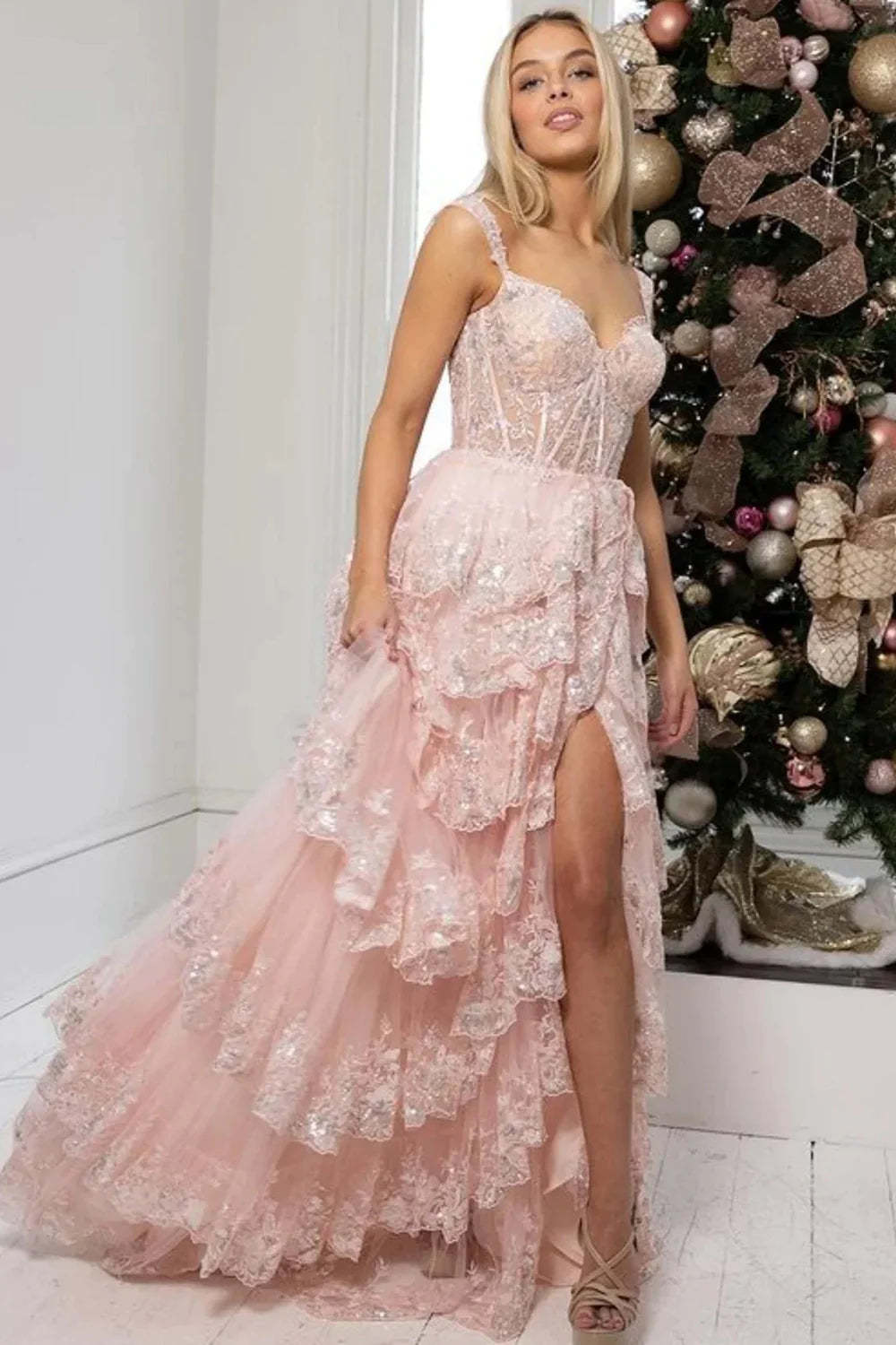 Stunning Glitter A-Line Off The Shoulder Long Tiered Prom Dress