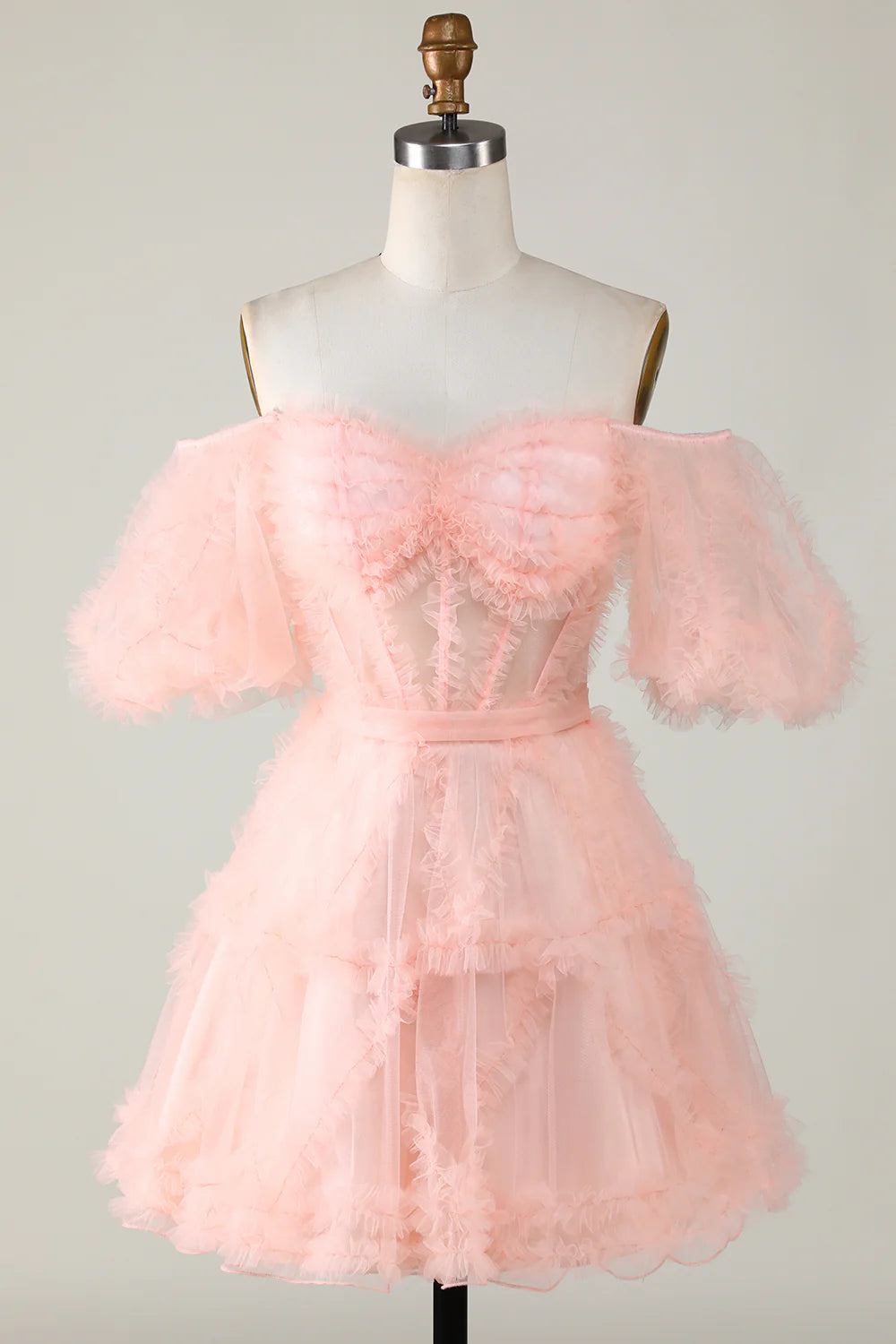 Cute A Line Off the Shoulder Pink Tulle Homecoming Dress Sexy Short Pure Color
