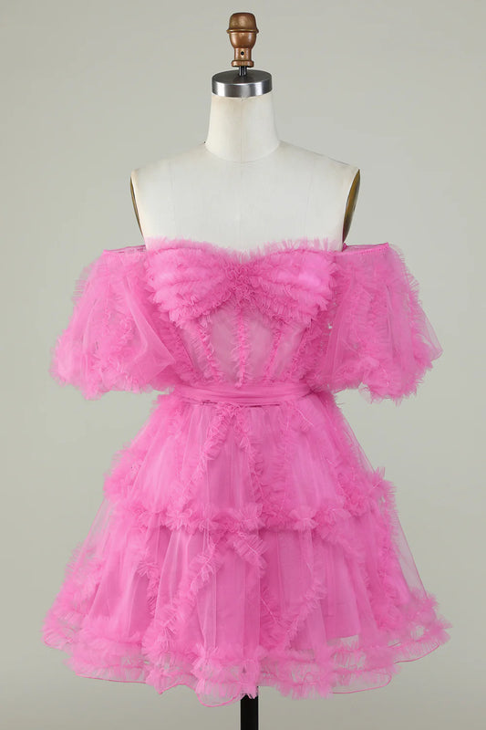 Cute A Line Off the Shoulder Pink Tulle Homecoming Dress Sexy Short Pure Color