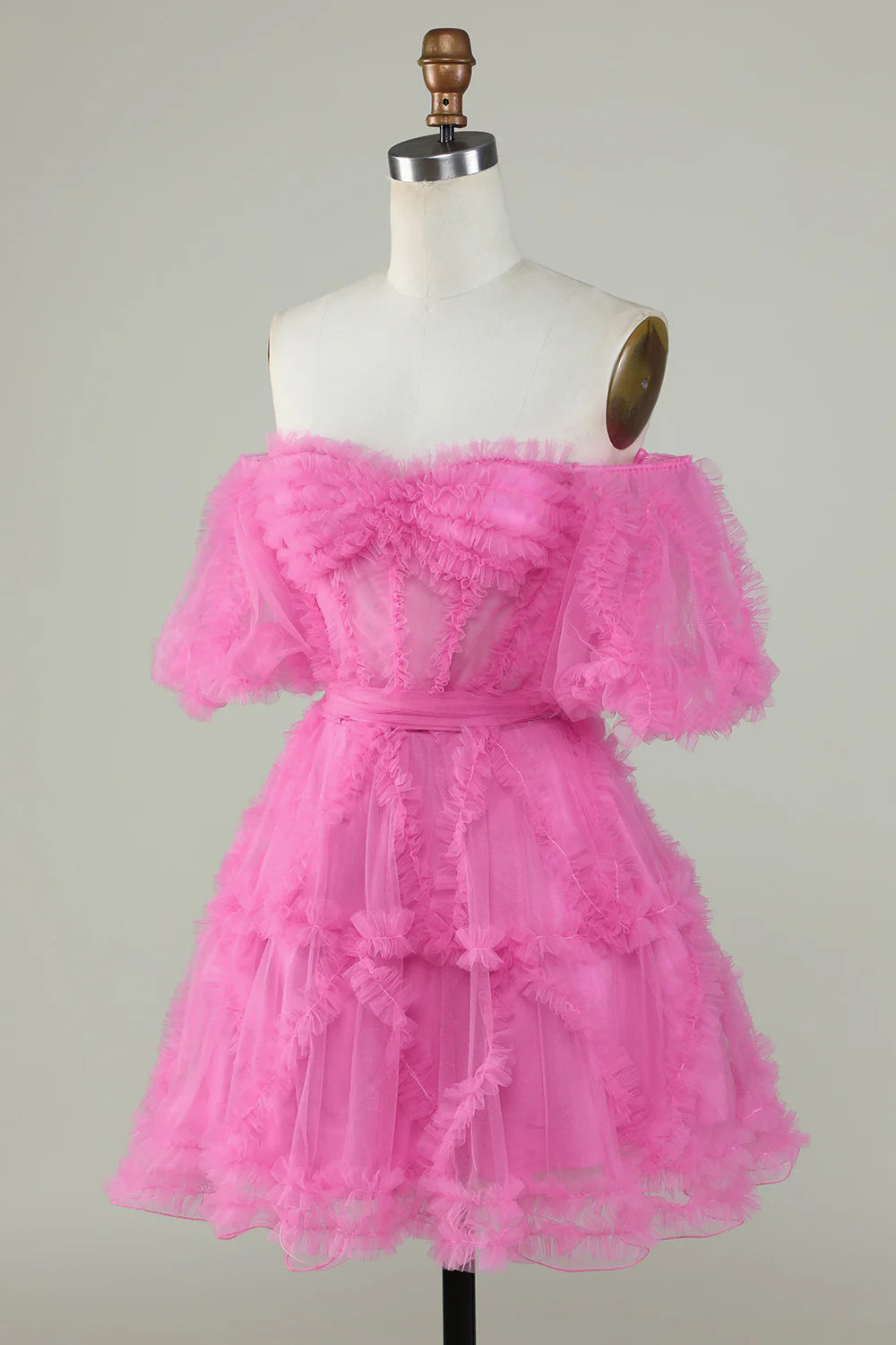 Cute A Line Off the Shoulder Pink Tulle Homecoming Dress Sexy Short Pure Color