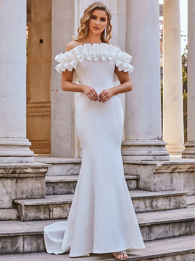 Wedding Dresses Spaghetti Strap Off Shoulder Stretch Fabric Cap Sleeve Romantic Elegant