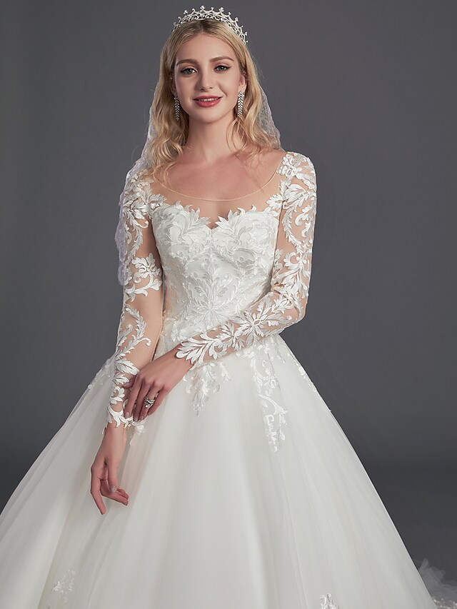 Ball Gown Wedding Dresses Illusion Neck Chapel Train Lace Tulle Long Sleeve Glamorous See-Through Illusion Detail with Buttons