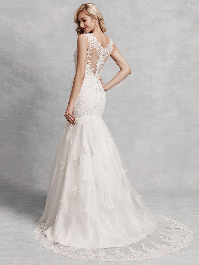 Wedding Dresses Scoop Neck Court Train Lace Satin Tulle Regular Straps Beautiful Back with Lace