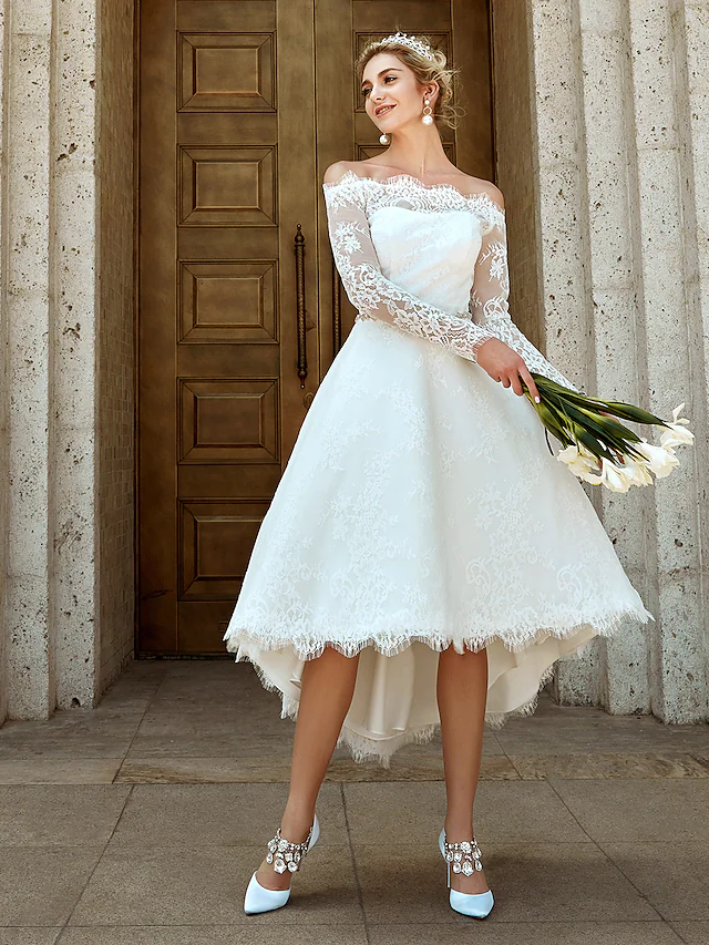A-Line Wedding Dresses Off Shoulder Asymmetrical Lace Long Sleeve Casual Plus Size Illusion Sleeve with Lace Crystal