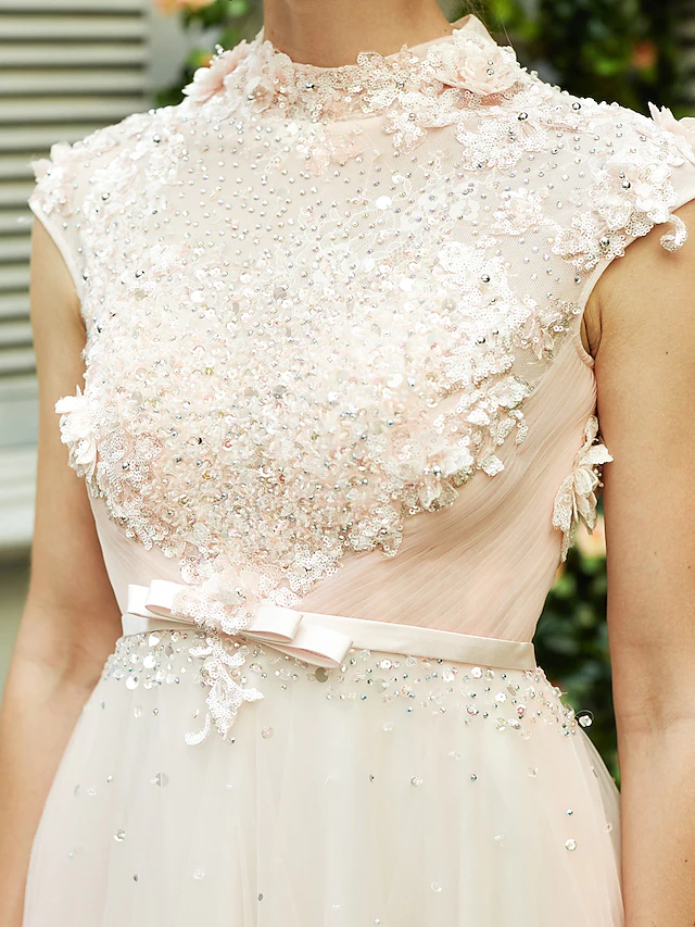 A-Line Wedding Dresses High Neck Sweep Brush Train Tulle Short Sleeve Open Back with Bowknot Sash Ribbon