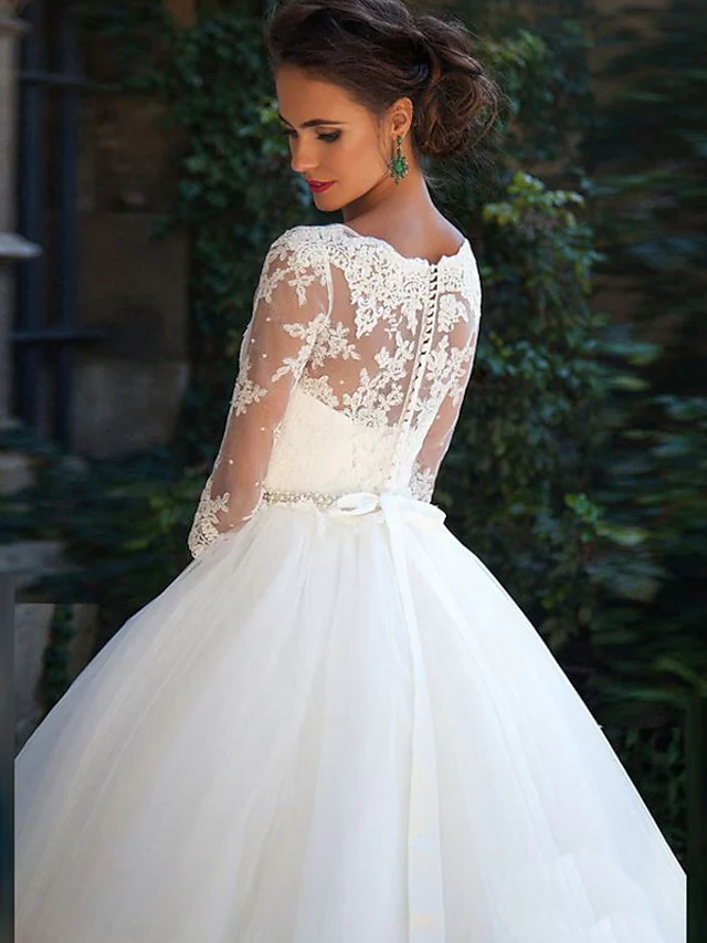A-Line Wedding Dresses Off Shoulder Court Train Lace Tulle Length Sleeve Formal Sexy Illusion Sleeve