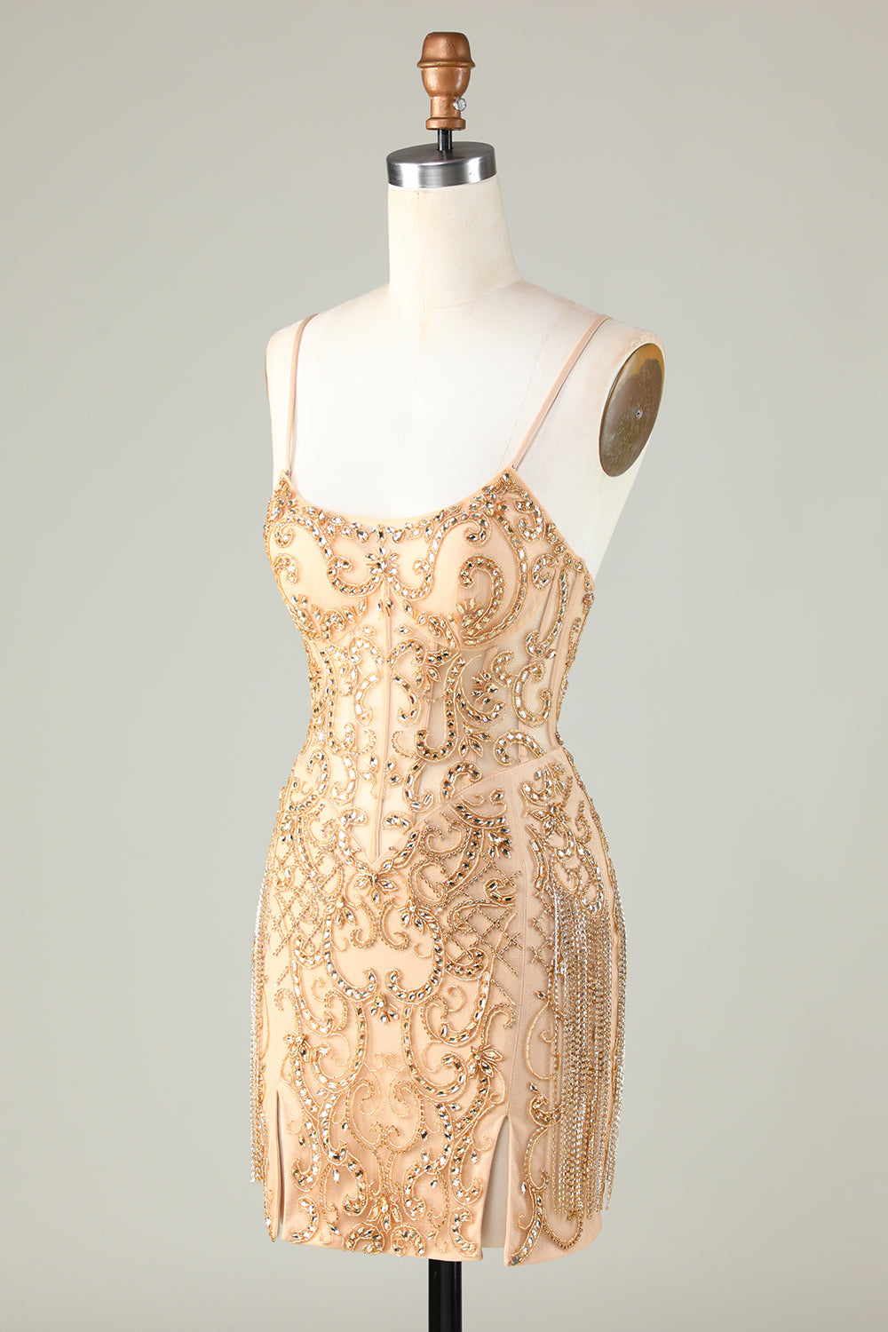 Spaghetti Straps Tight Glitter Golden Homecoming Dress With Beading Sparkly