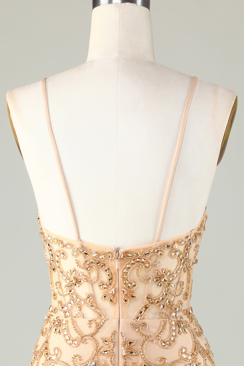 Spaghetti Straps Tight Glitter Golden Homecoming Dress With Beading Sparkly