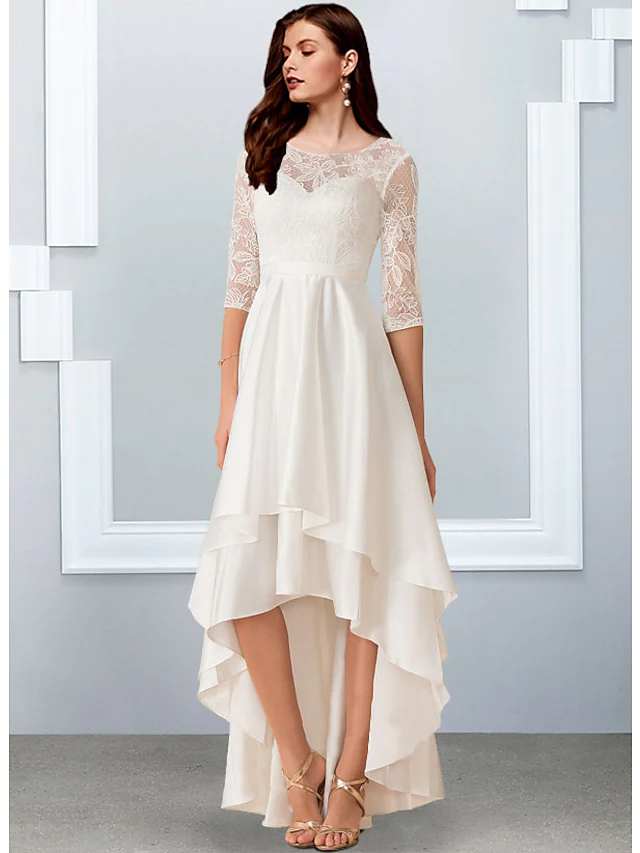 A-Line Wedding Dresses Jewel Neck Asymmetrical Chiffon Lace Half Sleeve Simple Beach with Cascading