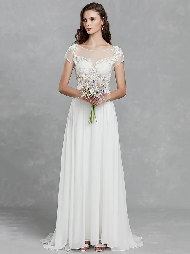 Long Wedding Dresses Bateau Neck Satin Long Sleeve Mordern Backless with Buttons