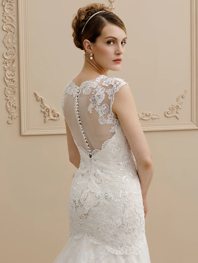 Wedding Dresses Square Neck Court Train Lace Over Tulle Regular Straps Wedding Dress in Color Floral Lace See-Through with Buttons Sequin