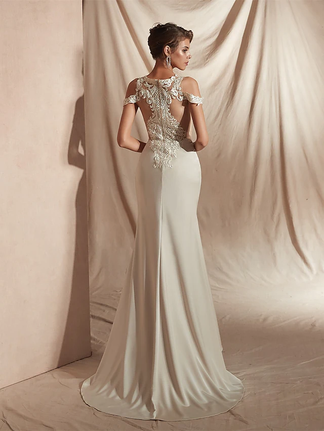 Mermaid Trumpet Wedding Dresses V Neck Asymmetrical Matte Satin Short Sleeve Casual Sexy Illusion Detail Modern