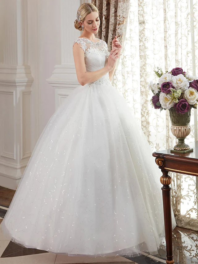 Ball Gown Wedding Dresses Jewel Neck Floor Length Lace Over Tulle Cap Sleeve Romantic Illusion Detail with Beading