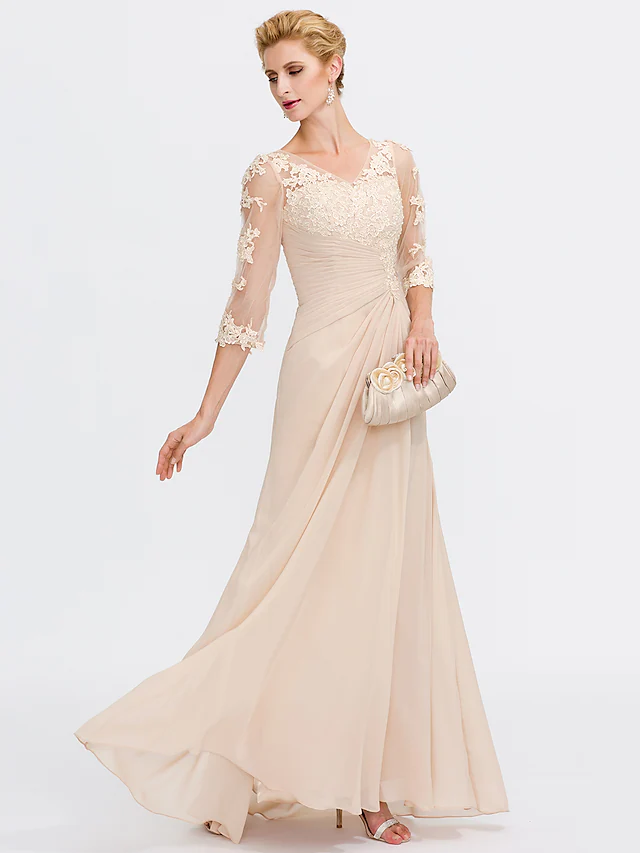 Mother of the Bride Dress Elegant See Through V Neck Floor Length Chiffon Sheer Lace Half Sleeve