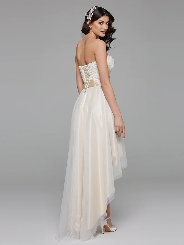 A-Line Wedding Dresses Sweetheart Neckline Asymmetrical Satin Floral Lace Strapless Simple Plus Size with Bowknot Sash Ribbon