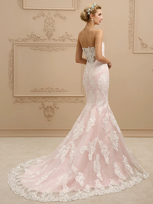 Wedding Dresses Sweetheart Neckline Court Train Lace Strapless Sexy Illusion Detail