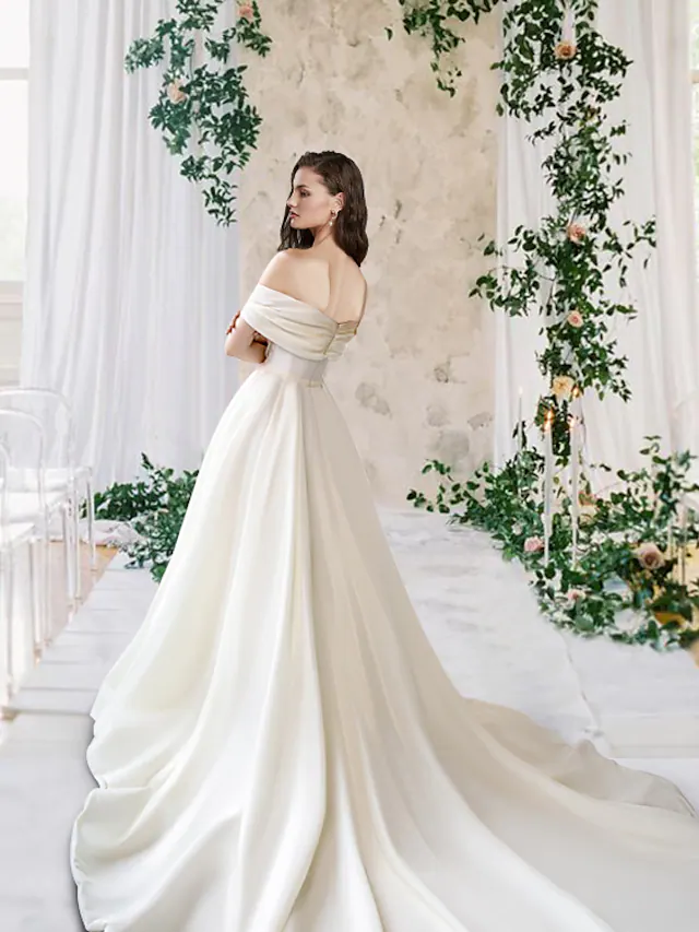 A-Line Wedding Dresses Off Shoulder Court Train Taffeta Sleeveless Simple Luxurious with Pleats Ruched Split