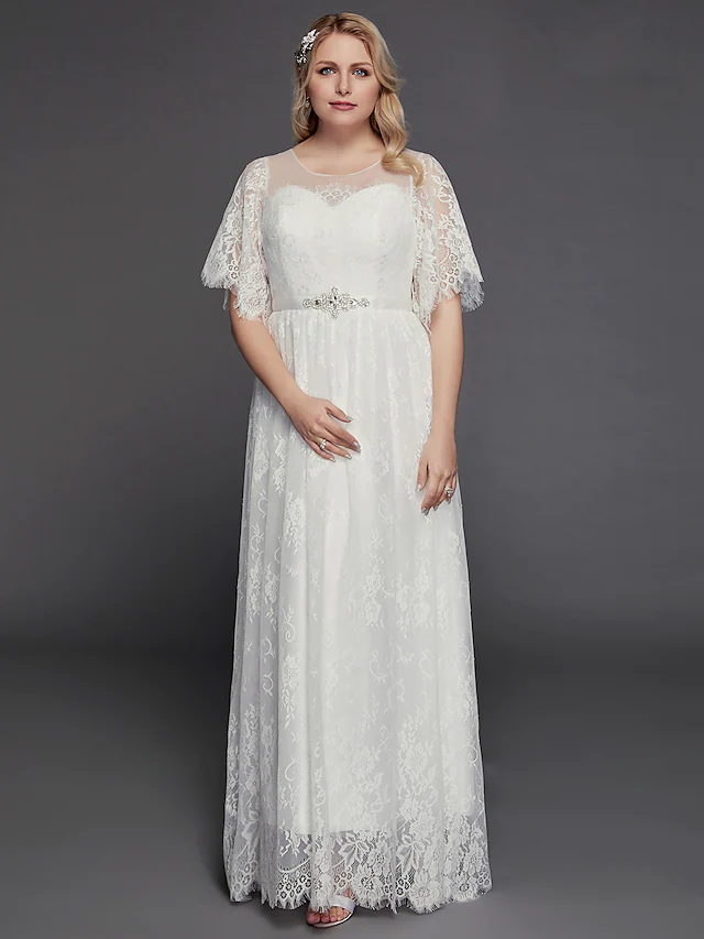 A-Line Wedding Dresses Illusion Neck Jewel Neck Floor Length Lace Tulle Half Sleeve Formal Boho Little White Dress See-Through with Beading Lace