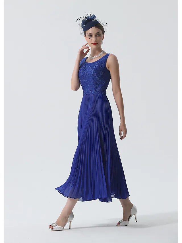 Two Piece Mother of the Bride Dress Elegant & Luxurious Wrap Included Scoop Neck Tea Length Chiffon 3/4 Length Sleeve with Lace