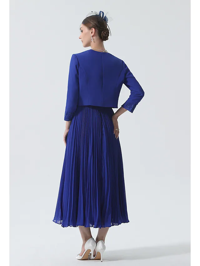 Two Piece Mother of the Bride Dress Elegant & Luxurious Wrap Included Scoop Neck Tea Length Chiffon 3/4 Length Sleeve with Lace
