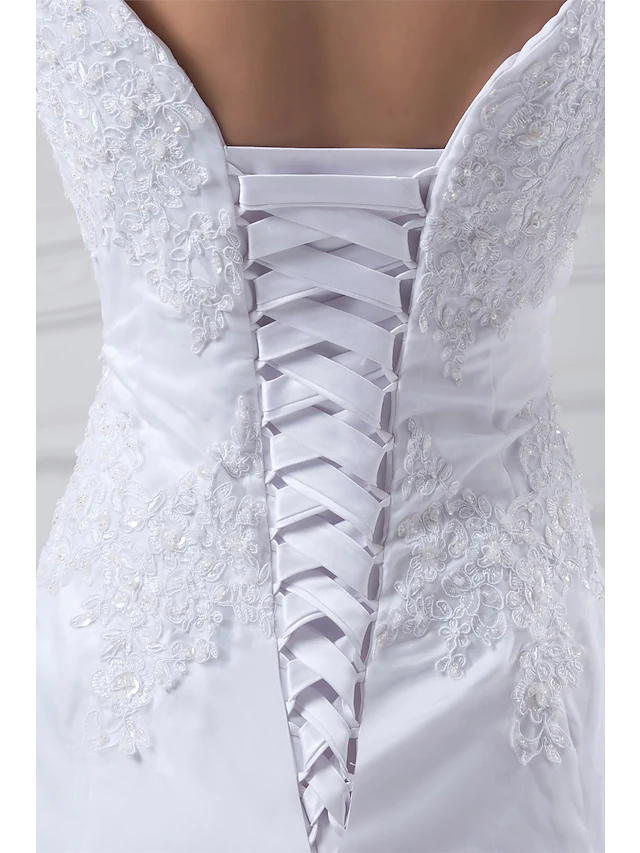 A-Line Wedding Dresses Square Neck Chapel Train Lace Organza Satin Regular Straps with Beading