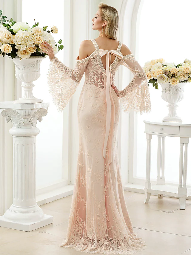 Wedding Dresses Plunging Neck Sheer Lace Long Sleeve Wedding Dress in Color Open Back Floral Lace with Bow(s)