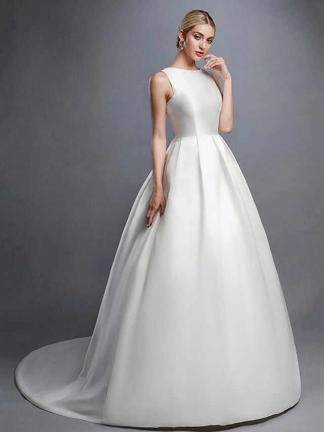Ball Gown Wedding Dresses Bateau Neck Court Train Lace Satin Regular Straps Formal Backless with Lace Sash Ribbon