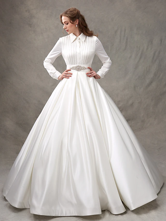 Ball Gown Wedding Dresses High Neck Satin Long Sleeve Glamorous Sparkle & Shine with Bowknot Sash Ribbon