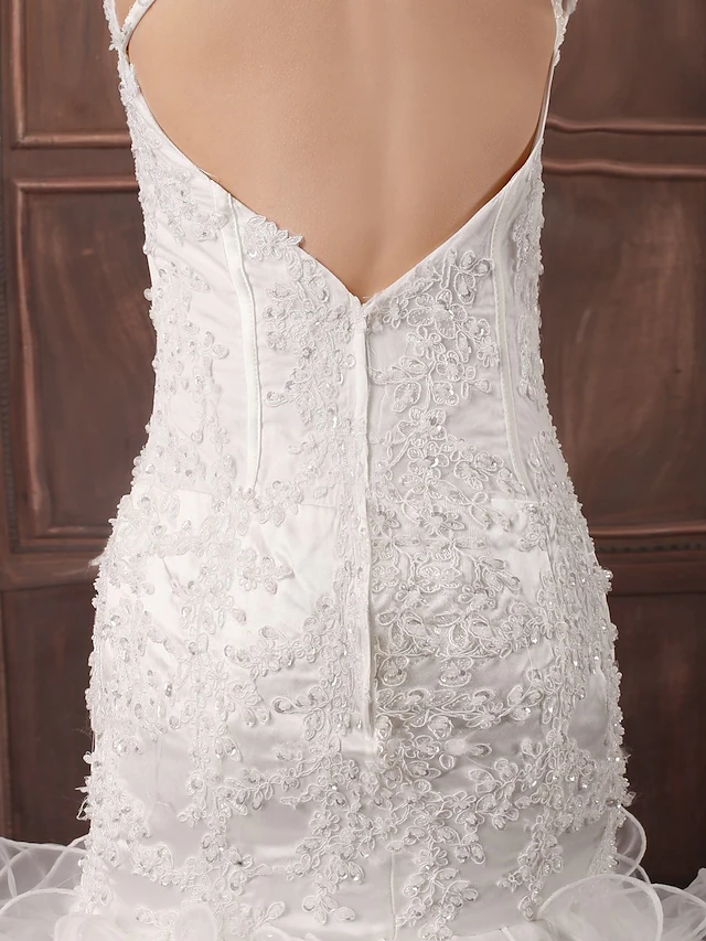 Wedding Dresses Sweetheart Neckline Court Train Lace Organza Satin Spaghetti Strap Sexy Illusion Detail Backless with Beading Appliques