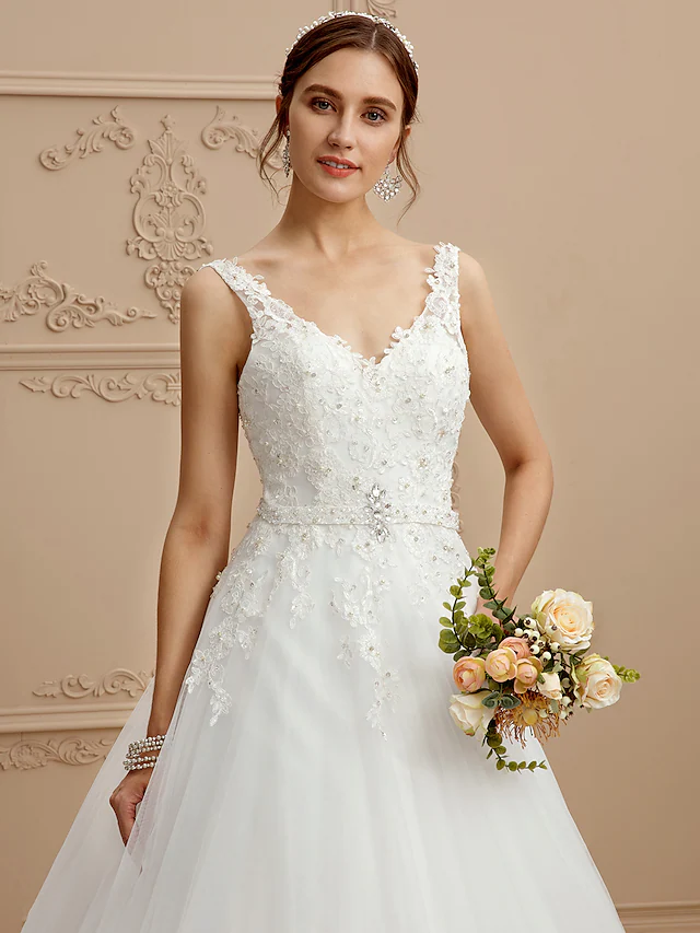Ball Gown Wedding Dresses V Neck Court Train Tulle Beaded Lace Lace Over Tulle Spaghetti Strap Glamorous Illusion Detail Backless with Beading