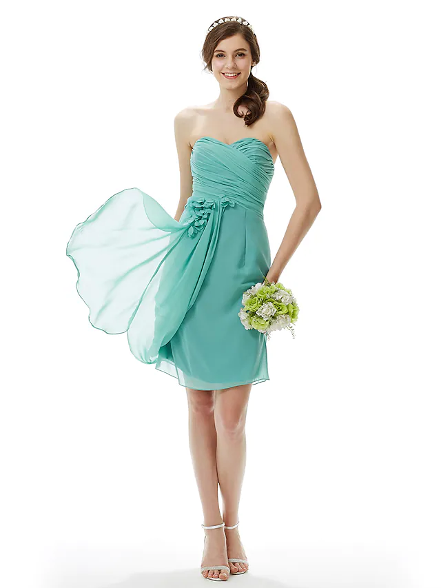 Sweetheart Neckline Strapless Knee Length Chiffon Bridesmaid Dress with Criss Cross Side Draping Flower Pure Color