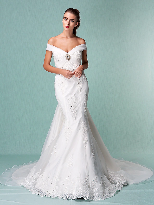 Wedding Dresses Off Shoulder Chapel Train Organza Short Sleeve with Beading Appliques Crystal