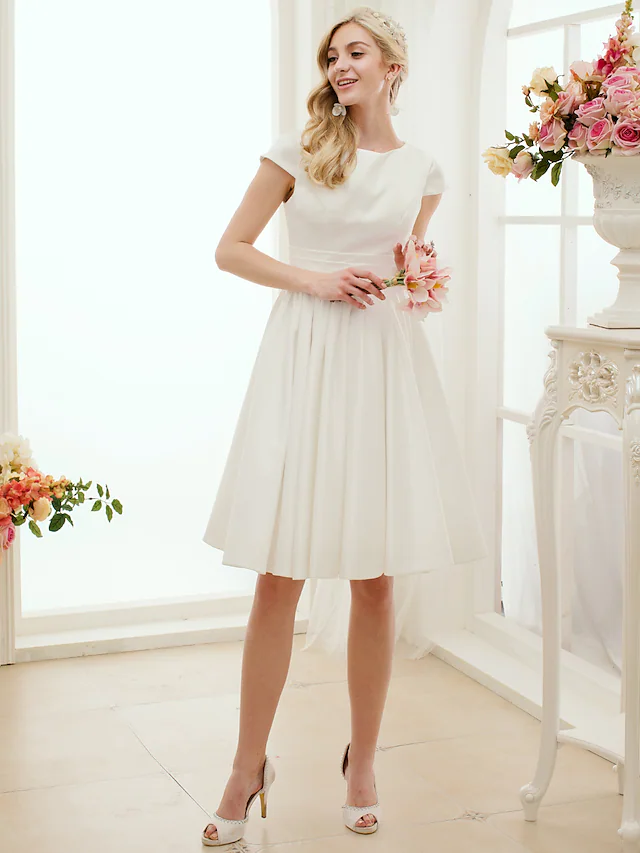 A-Line Wedding Dresses Jewel Neck Knee Length Satin Short Sleeve Formal Simple Casual Little White Dress with Sash