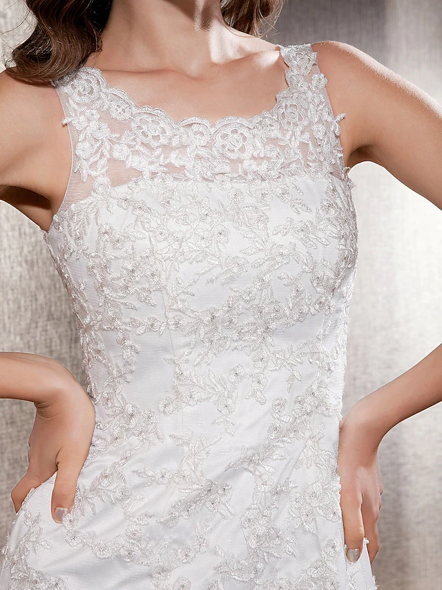 Wedding Dresses Scoop Neck Lace Tulle Sleeveless Long