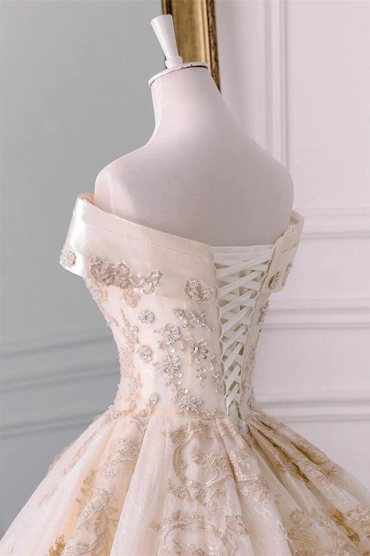 Champagne Embroidered Off-the-Shoulder Wedding Dress Long Beautiful