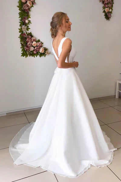 A-line Attractive V-neck Simple Wedding Dress Rustic Wedding Gown White Sexy