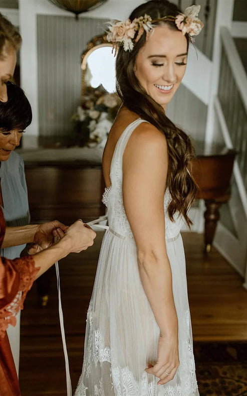 A-Line Lace Bohemian V-neck Wedding Dress With Low-V Back And Appliques Beautiful