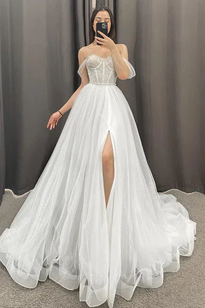 A-line Off the Shoulder Beads High Split Rustic Wedding Dress Sexy