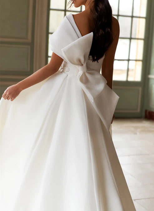 A-Line One-Shoulder Organza Sweep Train Wedding Dress With Appliques And Bow
