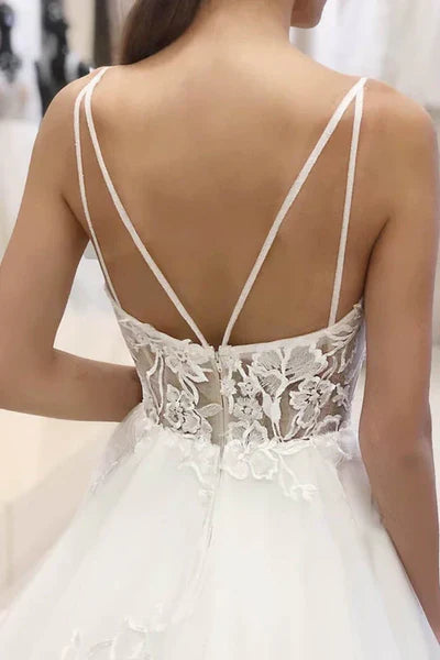 A-Line Spaghetti Straps Tulle Appliques Rustic Wedding Dress White Sexy