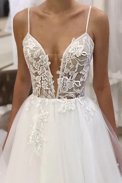 A-Line Spaghetti Straps Tulle Appliques Rustic Wedding Dress White Sexy