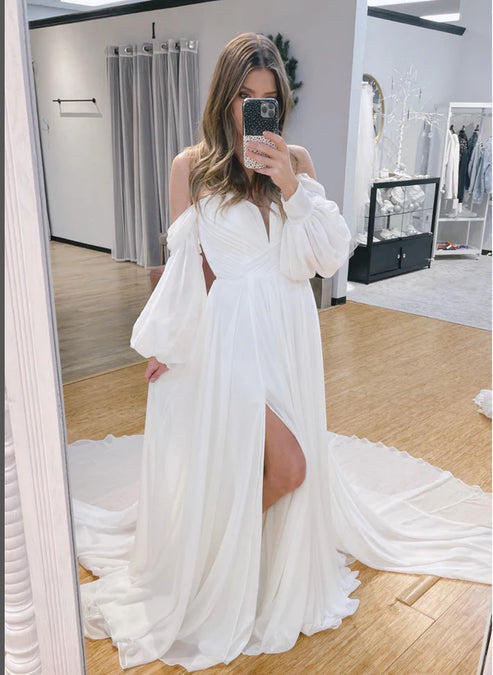 A-Line Sweetheart Long Sleeves Chiffon Sweep Train Wedding Dress Off Shoulder With Slit Elegant