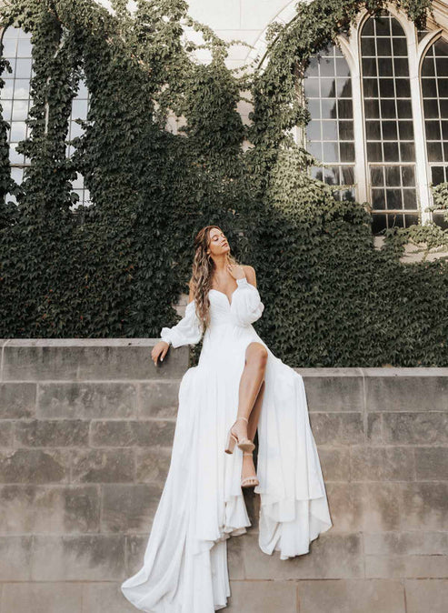 A-Line Sweetheart Long Sleeves Chiffon Sweep Train Wedding Dress Off Shoulder With Slit Elegant